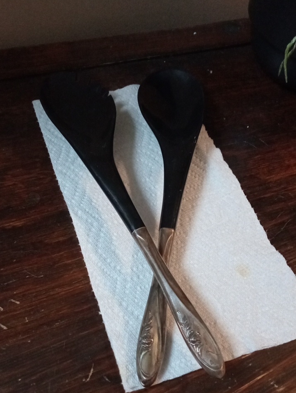 A Mid-Century Towle Sterling Silver Handle Black Serving Spoon Set (2) #403